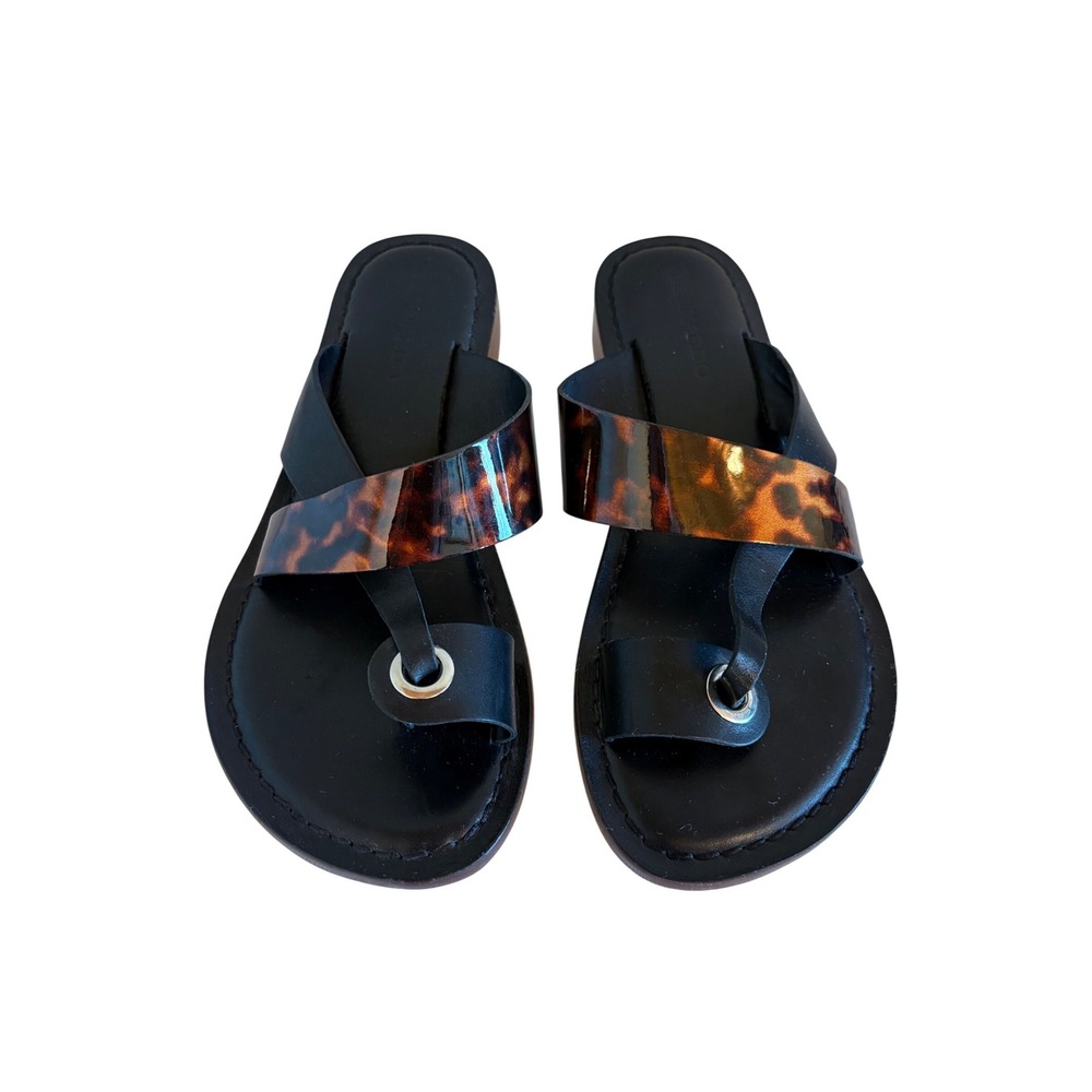 Bernardo Black Leather Tortoise Shell Toe Loop Slide Sandals SA40-L Womens 7.5M
